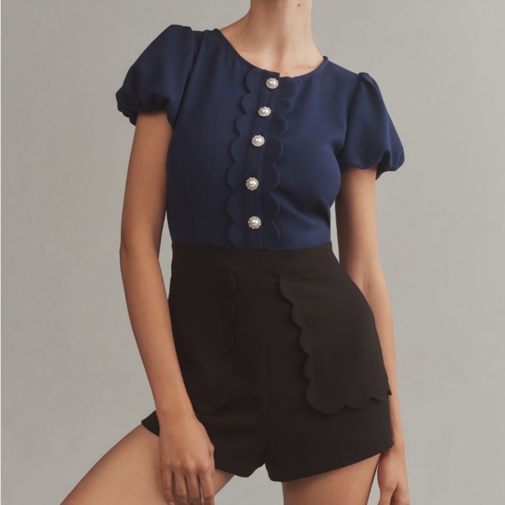 Maeve Puff Sleeve Color Block Scalloped Romper